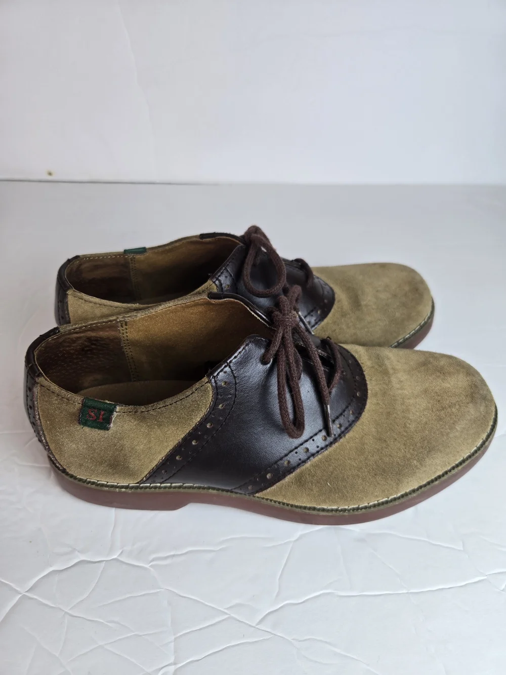 Varsity Two-Tone Suede and Leather Oxfords in Olive and Dark Brown